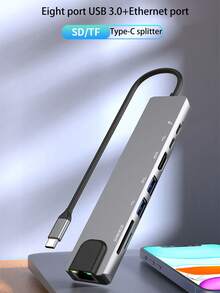 Estación de acoplamiento multifunción de aleación de aluminio 8 en 1 Tipo C, con puerto Ethernet, lector de tarjetas USB, HUB - Interfaz plateada-TypeC - Ver 3