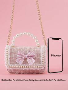 1pc Mini Bow Pearl Lace PU Metallic Chain Flap Closure Cute Handbag Shoulder Bag Snack Bag, Suitable For Teenagers Daily Outing And Festivals - Pink - View 3
