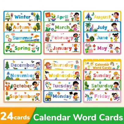 beartale 24-Piece Calendar Word Flash Cards, Kids Months/Days/Seasons Learning Toy, Preschool Montessori Educational Tool, Classroom & Homeschool Teaching Aids