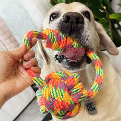 Colorful Handmade Woven Rope Knot Ring Dog Toy, Handle Rope Ball Dog Chew Toy For Teeth Cleaning, Tug Of War Interactive Toy, Throwing Toy Suitable For Medium And Large Dogs, Self-Entertainment Pet Toy, Durable Chew And Teeth Cleaning Toy