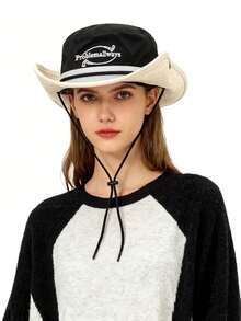 1pc Unisex Black Casual Dual-Tone Wide Brim Bucket Hat With Adjustable Chin Strap, Suitable For Beach And Hiking - Black - View 3