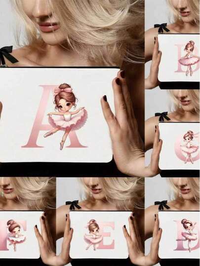 1个粉色芭蕾舞女孩印花字母包，音乐女孩图案化妆品收纳袋，个性化字母包，适合音乐节、伴娘礼品袋