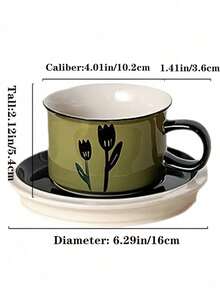 1件套手绘郁金香复古绿色高级感应咖啡杯碟套装，适用于办公室、家庭、餐厅，容量约280毫升 - 彩色 - 查看 3