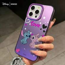 MINISO X Stitch & Angel "Love" Couple Imitation Liquid Printed Phone Case Compatible With IPhone 17/17 Pro/17 Pro Max/17 Air/16/15/14/13/12/11 Series Compatible With IPhone 17 Pro Max Case Compatible With IPhone 17 Pro Case Compatible With IPhone 17 Case Stocking Stuffers The Girlfriend - Purple - View 2