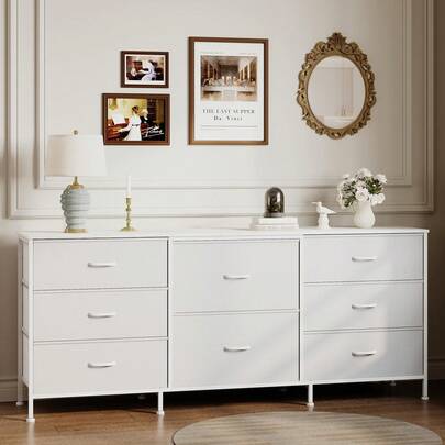 Techigher Chest Of Drawers For Bedroom, 8 Drawer Fabric Dresser Storage Organizer, Wide Dresser TV Stand With Wooden Top & Metal Frame For Bedroom, Living Room, Entryway, Nursery