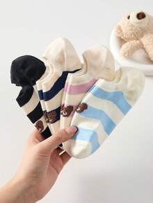 4 Pairs Women's Anti-Slip Cute Cartoon Bear Striped Minimalist Ankle Socks, Invisible Liner Socks, Suitable For All Seasons - Multicolor - View 8