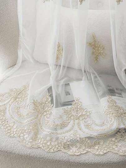 1pc European Style Lace Embroidery Semi-Sheer Curtain, Embroidered White Sheer Curtain For Living Room, Bedroom, Dining Room, Balcony