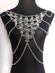 1pc Transparent Geometric Multi-Layer Bohemian Beaded Tassel Body Chain, Suitable For Beach Vacation - Clear - View 2