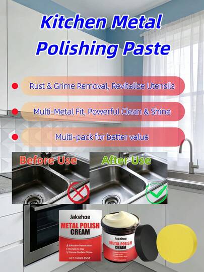 jakehoe Esta pasta pulidora de metal está diseñada especialmente para utensilios de cocina de metal, apuntando con precisión a las manchas de óxido y la suciedad persistente en las estufas, utensilios de cocina y fondos de ollas. Combina efectos desengrasantes y pulidores en uno. Adecuado para acero inoxidable, hierro forjado y varios materiales metálicos, disuelve rápidamente la suciedad espesa con un mínimo esfuerzo, restaurando sin esfuerzo el brillo metálico original sin dejar marcas de limpieza.