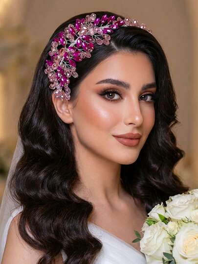 1件甜美粉色水晶发箍，奢华水晶装饰，优雅女士头饰，适合新娘、婚礼、约会、节日、嘉年华、休闲场合佩戴