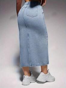 女士休闲优雅长款牛仔裙，开衩设计，中等弹力面料 - 藍色 - 查看 2