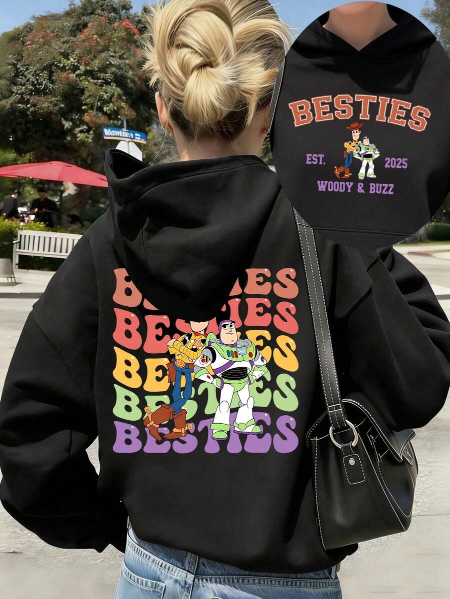 Disney Women's Hooded Sweatshirt Features Toy Story Cartoon Lettering Print Autumn/Winter Hooded Sweatshirt Soft, Comfortable, And Warm Fabric Essential Autumn/Winter Wardrobe Piece Perfect For Everyday Casual Wear Ideal For Travel, Shopping, Or Any Occasion Also Makes A Thoughtful Gift - 黑色 - 查看 1