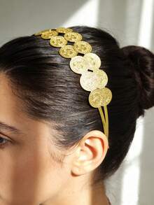 女士双层奥斯曼硬币图案发箍，复古摩洛哥镀金优雅发饰，适合日常、派对、节日佩戴，也适合准新娘，女士发饰 - 金黃色 - 查看 5
