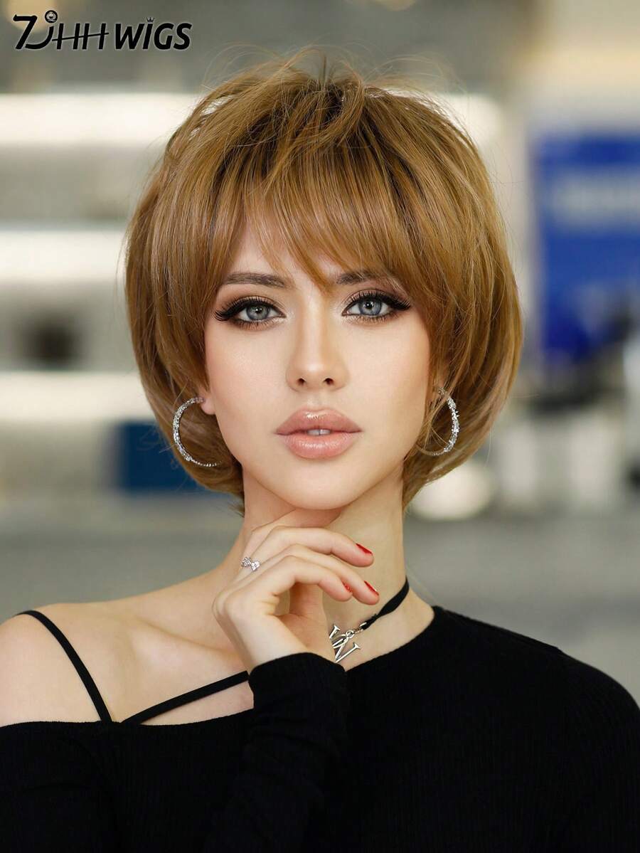 7JHH WIGS 8英寸棕金色精灵短假发，女士款 - 优雅超短层次假发，带刘海，耐热合成纤维材质，适合日常佩戴、音乐节庆典等场合。也可用于动漫或角色扮演。