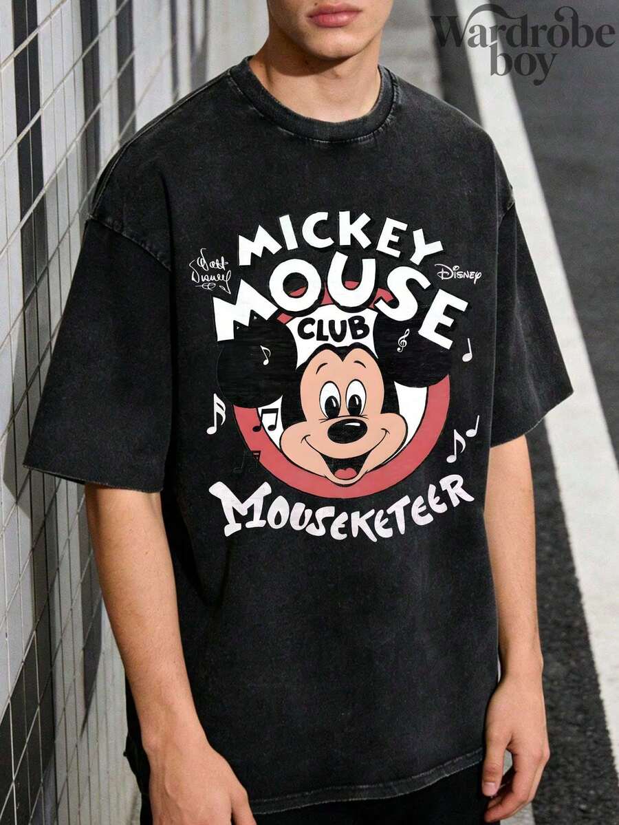 Disney Printed Wash Water T-Shirt,Men's Classic Mickey Mouse Printed T-Shirt,,Unisex,High-Quality Pure Cotton T-Shirt,Suitable For All Seasons, Comfortable And Breathable| Exquisite Design | The Best Choice For Giving Gifts - màu đen - Xem 1