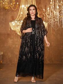 SUPGIR Plus Size Women's Sequin Patchwork Loose Arabian Style Dress Black Spring - Black - View 1