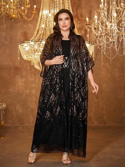 SUPGIR Plus Size Women's Sequin Patchwork Loose Arabian Style Dress Black Spring