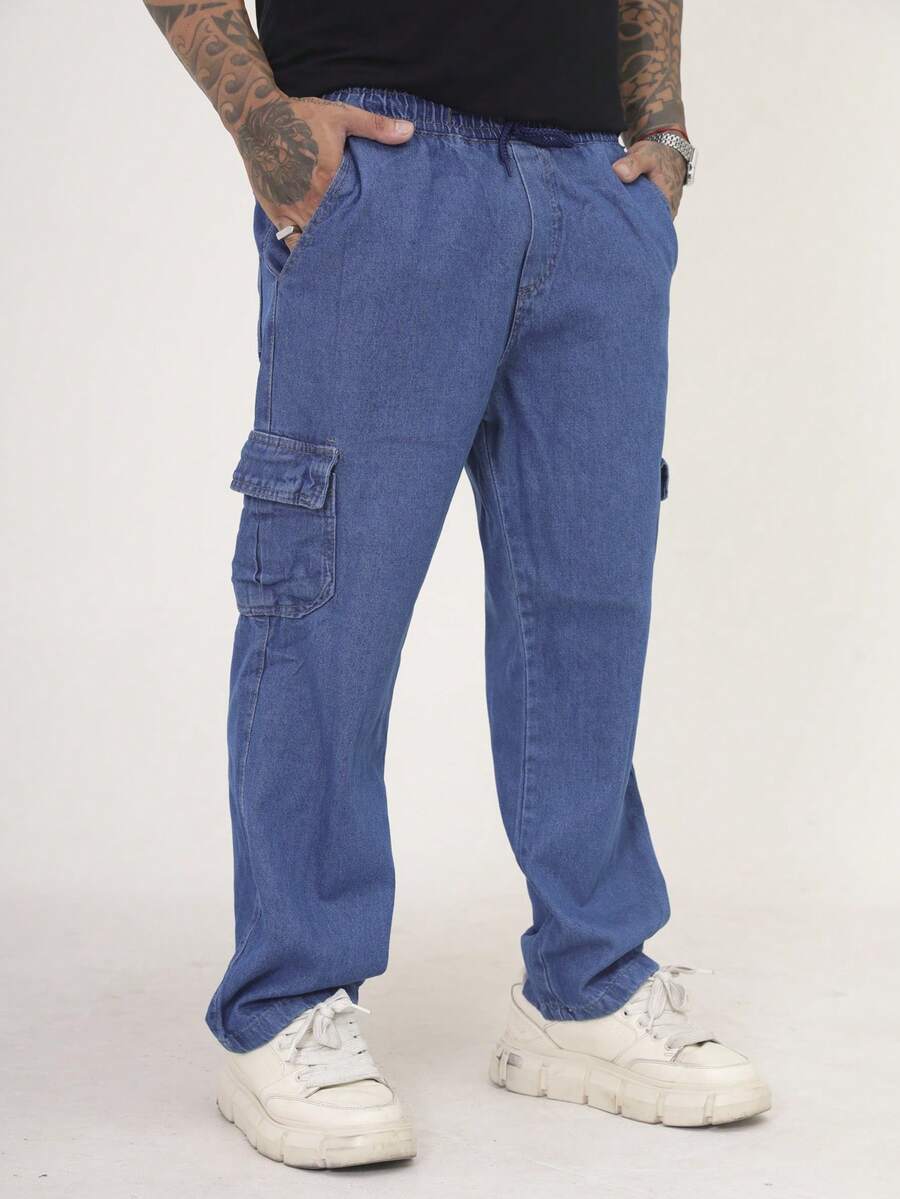 Men's Marbled Cargo Jeans, Wide Leg, Side Pocket, Streetwear - 中等水洗藍 - 查看 1