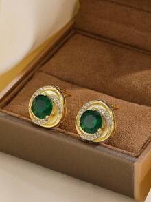 一套不锈钢吊坠项链和耳环首饰套装，女士百搭奢华优雅全钻设计项链和耳环首饰，礼品配饰 - 綠色 - 查看 3