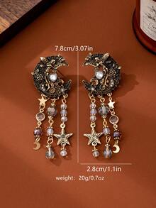 一对复古优雅的月亮女神设计耳环，饰有星星/珍珠流苏，迷人的小众高端耳环，适合女性日常佩戴或节日场合。 - 彩色 - 查看 6