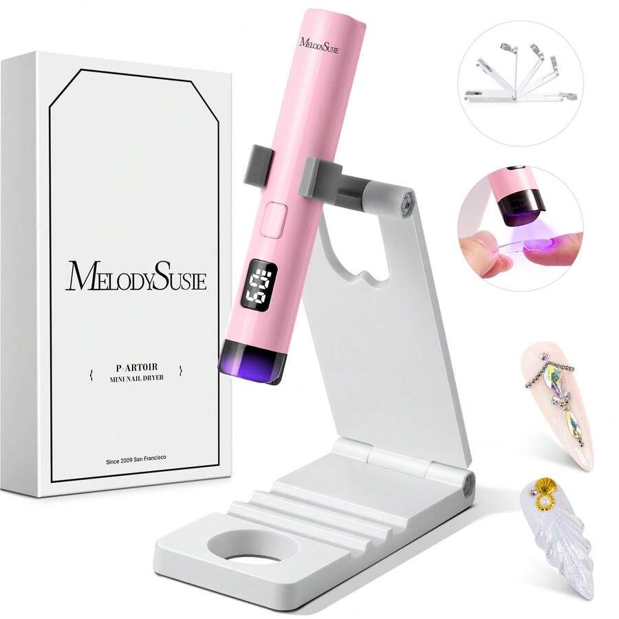 Handheld UV Light For Gel Nails With Stand, Mini Portable Cordless Nail Lamp With LCD Display, Eye-Protective Cover, Flash Curing For Glue Pink - pink with stand - View 1
