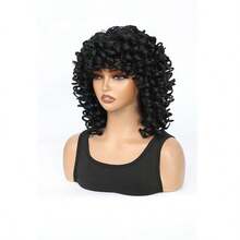 Peluca sintética rizada de 14 pulgadas con flequillo - Cabello rizado africano vibrante hecho de fibras de alta densidad, gorro cómodo, fácil de usar, adecuado para principiantes, uso diario y ocasiones especiales, disponible en múltiples colores, adecuado para disfraces de Halloween - Negro - Ver 4