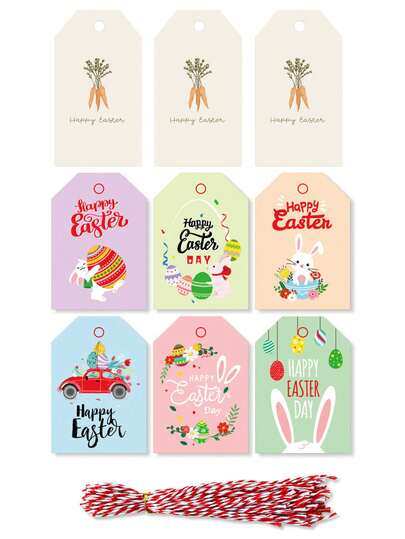 49/100pcs Easter Gift Decoration Tags, Carrot, "Happy Easter", Eggs, Rabbit Pattern Decoration Tags, Hang Tags With Strings, Vintage Gift Tags, Gift Packaging Tags, Suitable For Party Supplies, Holiday Decorations, Easter Gift Decorations