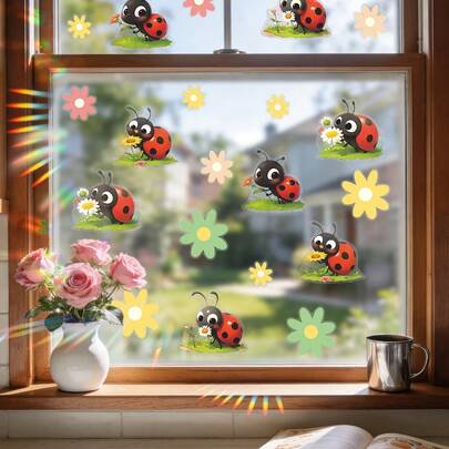1/2pcs Reusable Cute Bee, Ladybug And Floral Pattern Window Stickers, PVC Static Cling Privacy Film, Suitable For Kids Room, Flower Shop, Restaurant, Home Decor And Spring Gift