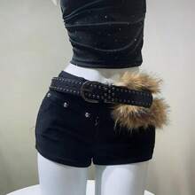 1pc Y2K Hot Girl Style Women's Belt, Retro Punk Wide Waist Cinch With Red Rivets & Fur Ball, Versatile Slimming Stylish Accessory For Jeans - 白色3 - 查看 6