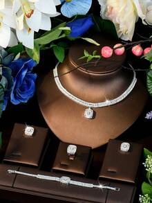 1 Set de Joyería Decorativa con Circonita Cúbica Cuadrada, Adecuado como Regalo de Aniversario para Mujeres - Plateado - Ver 1