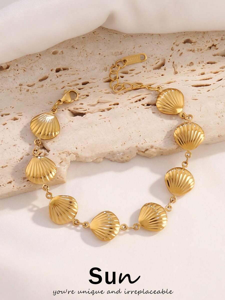 1pc Stainless Steel Hollow Ocean Shell Bracelet For Women Fashion 18K Gold Plated Simple Waterproof Chain Bracelets Jewelry Gift - Bracelet - View 1