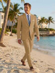 2pcs Men's 2 Piece Brown Linen Suits For Men Slim Fit Casual Beach Wedding Summer Grooms Groomsmen Linen Blazer Pants Suit - 棕色 - 查看 10