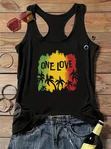 Women's Sleeveless Coconut Tree Graphic Tank Top, Palm Illustration With Vacation Mood, Crew Neck Casual Vest For Spring Summer Casual Wear - Black - View 5