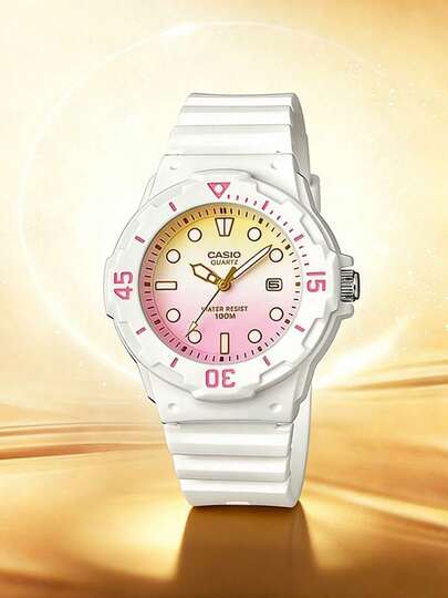 Casio Women's White Resin Sports Watch, Cute Pink-Gold Gradient Small Dial Quartz Analog Watch, Fashionable Casual Accessory Gift For Friends