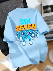 青少年男孩“SIX SEVEN-意大利脑腐烂”彩色数字67卡通印花T恤，适合日常穿着、街头风、校园风，休闲百搭的男孩夏季上衣 - 淺藍色 - 查看 8
