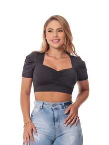 Blusa Cropped Com Manga/Blusinha Lastex/Cropped Ciganinha com Elástico/Floral - Preto - Visão 3