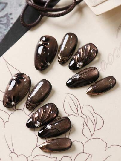 10 piezas de uñas postizas de acrílico, uñas marrones, uñas de ojo de gato negras, flores doradas, suministros para uñas, uñas postizas para uso diario en la oficina, uñas falsas cortas, kit de uñas artificiales que incluye 1 hoja de pegatinas adhesivas y 1 lima pequeña