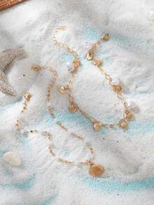 2pcs Popular Women's Fashion Casual Cute Beach Pearl Shell Copper Anklet, Wedding Engagement Party Jewelry Gift - Gold - View 2