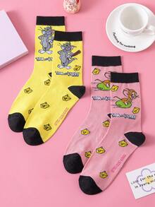 Noctvar OBM Sleepwear X TOM & JERRY 2双猫鼠图案女士中筒袜，可爱卡通爱心设计，趣味老鼠时尚夏季男士袜子，透气休闲船袜，卡通图案，适合学生/成人作为礼物和日常穿着，情侣款 - 彩色 - 查看 4