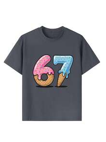 T-shirt imprimé graphique de crème glacée pour adolescentes, convient pour les sports de plein air des filles, le port casual quotidien, le style de rue, le style campus, un Top polyvalent pour les filles au printemps/été - Gris foncé - Voir 4