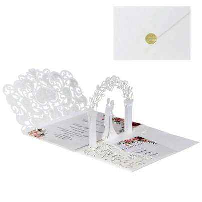 3D Laser geschnittene Hochzeitseinladung - Dreifach-Falz Braut und Bräutigam Spitze Karte, europäisch kreative Einladung, beidseitig Perlpapier, Dreifach-Falz, Hohlschnitt stereoskopische Einladung, Hochzeitskarten Umschlag