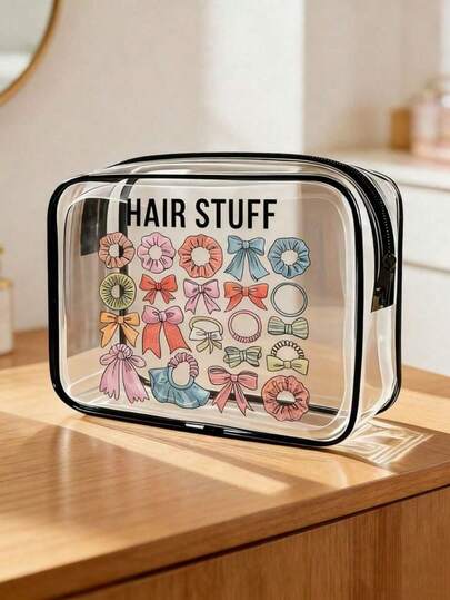1 Pc Clear "HAIR STUFF" Accessory Storage Bag Transparent Waterproof Cute Minimalist Chic Style For Valentine's Day Gift Exchanges, Galentine's Day Parties, Couple Self-Care Kits & Date Prep, No More Disorganized Bags & No Lost Hair Accessories & No Spilled Cosmetics, See-Through Design & Versatile Use - Premium PVC & Fabric, Great Gift For Best Friends & Partners[US Overseas Warehouse | 2-5 Days Fast Delivery]