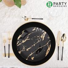 PARTY BARGAINS 13-Inch Charger Plates - 8 Pack, Organic Collection Black Gold Rim, Heavy-Duty Disposable Chargers For Elegant Dining - Ideal For Weddings And Formal Events - 錘紋黑金邊 - 查看 6