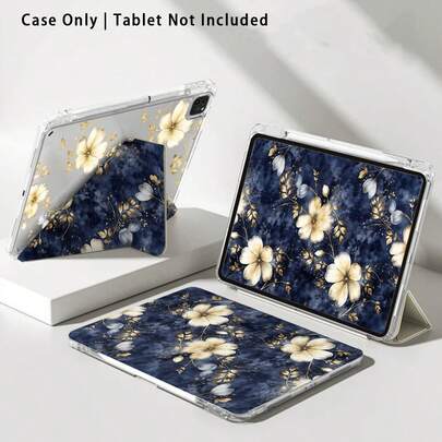 1个亚克力水晶花卉彩绘平板电脑保护套，带支架，兼容三星、荣耀、苹果等品牌，可折叠防弯折，硅胶加固边角，自动唤醒/睡眠功能，内置笔槽，多角度可折叠支架 - 完美日常保护，节日理想礼物