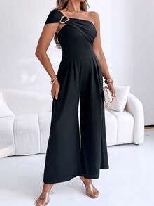 Bộ jumpsuit nữ lệch vai, xếp ly, cài khóa, ống rộng, thanh lịch, thích hợp cho tiệc cocktail và hẹn hò. - màu đen - Xem 5