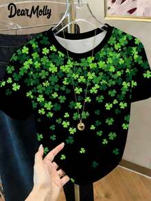 DEAR MOLLY Women's St. Patrick's Day Clover Print Round Neck Short Sleeve T-Shirt, Holiday, Casual Everyday Wear, Party Attire, Great Gift For Her On Valentine's Day - Multicolor - View 1