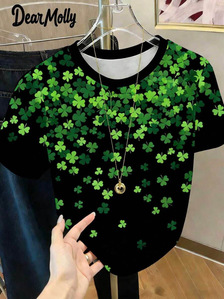 DEAR MOLLY Women's St. Patrick's Day Clover Print Round Neck Short Sleeve T-Shirt, Holiday, Casual Everyday Wear, Party Attire, Great Gift For Her On Valentine's Day - Multicolor - View 1