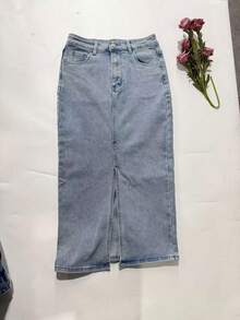 女士休闲优雅长款牛仔裙，开衩设计，中等弹力面料 - 藍色 - 查看 7