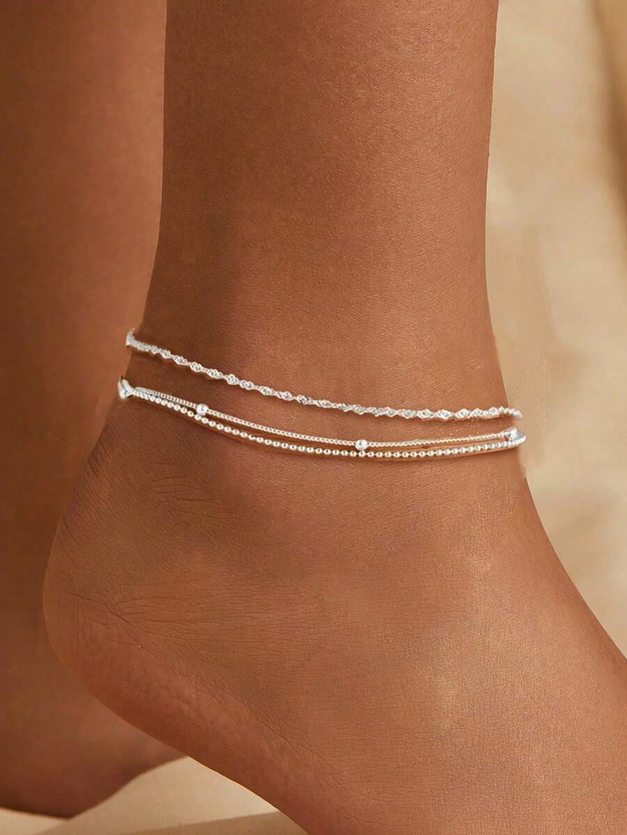 1pc S925 Sterling Silver Minimalist 3-Layer Ball Chain Anklet, Women's Unique Design Versatile Braided Chain, Luxury Niche Delicate Gift Anklet - Three-layer - View 1