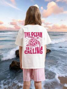 1pc Tween Girl Sea Turtle Print Pullover White Short Sleeve T-Shirt, Designed For Girls Preparing To Play On The Beach - White - View 1